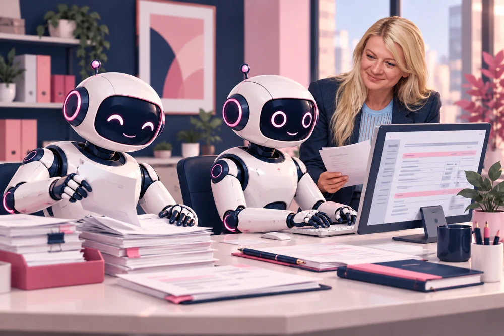 Illustration of robots helping prepare a fictional tax return while Kat reviews their work